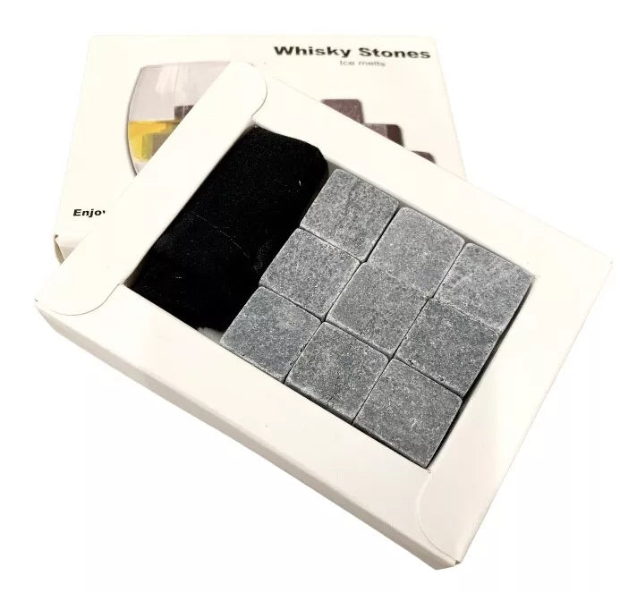 Whisky Stones 9 PCS Reusable Granite Cooler Cubes Scotch Whisky Rocks Pouch