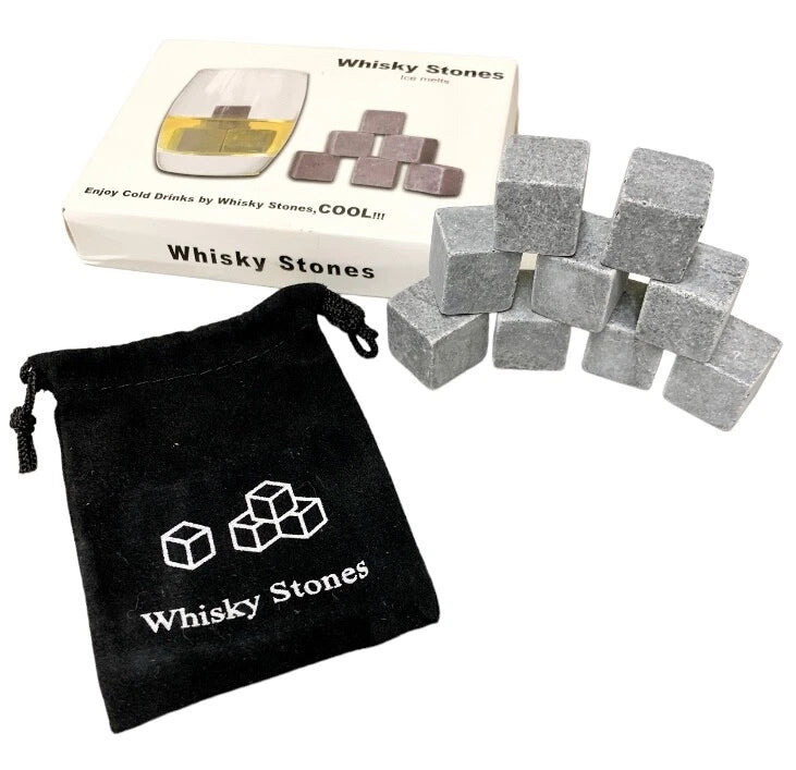 Whisky Stones 9 PCS Reusable Granite Cooler Cubes Scotch Whisky Rocks Pouch