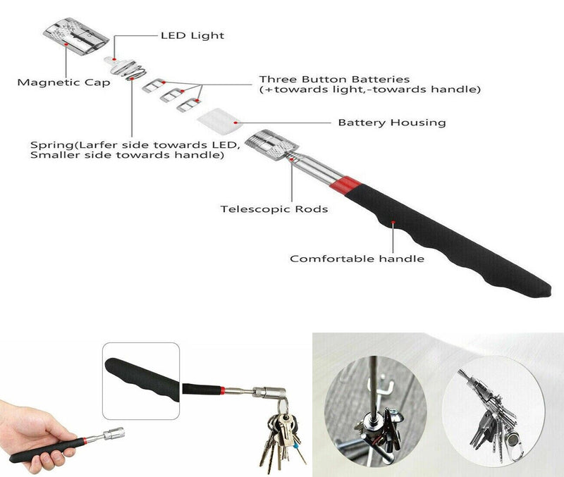 MAGNETIC & LED LIGHT TELESCOPIC PICK UP TOOL - LONG REACH EXTENDABLE REACH 8LBS
