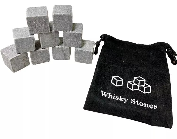 Whisky Stones 9 PCS Reusable Granite Cooler Cubes Scotch Whisky Rocks Pouch